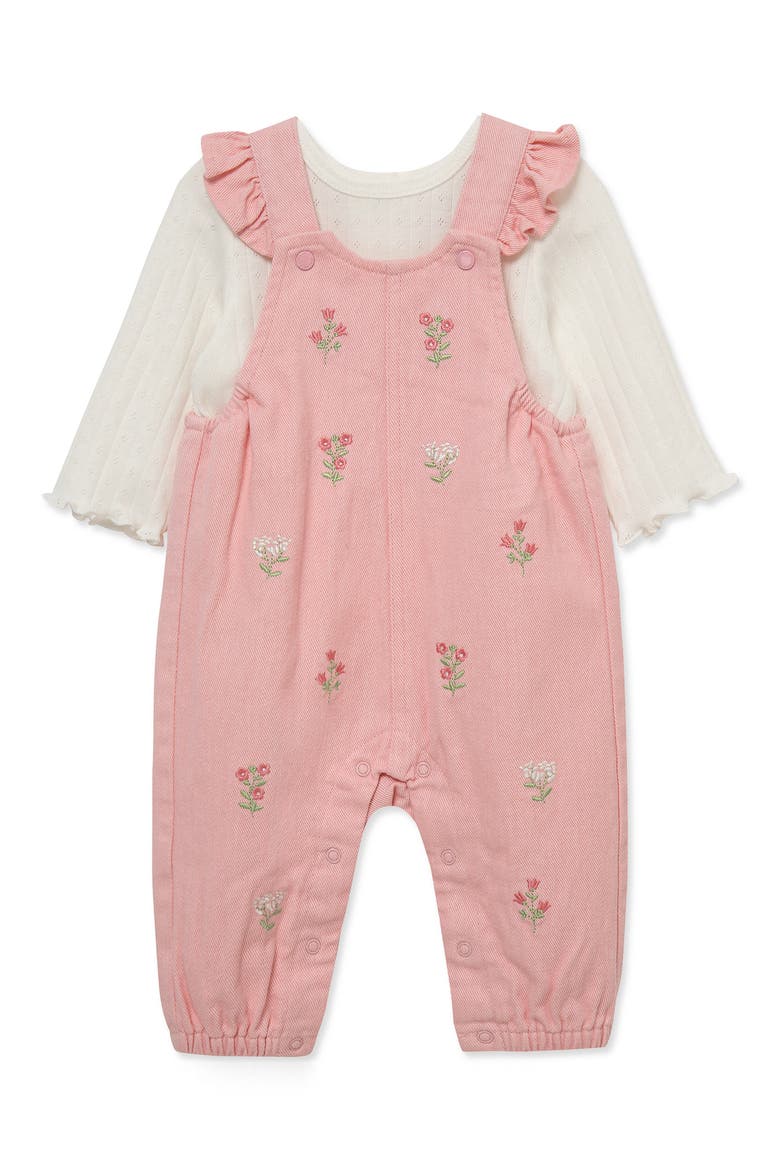 Pointelle Top & Floral Overalls Set, Alternate, color, PINK