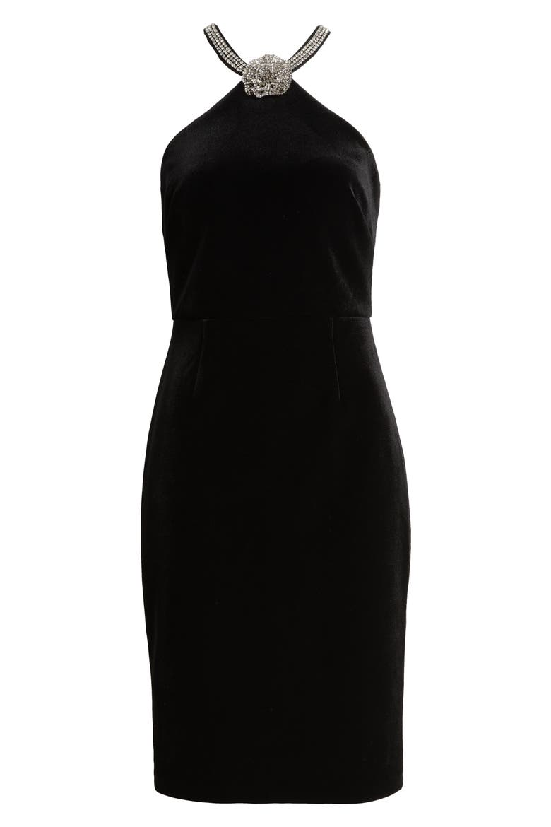Crystal Flower Halter Neck Velvet Cocktail Dress, Alternate, color, BLACK