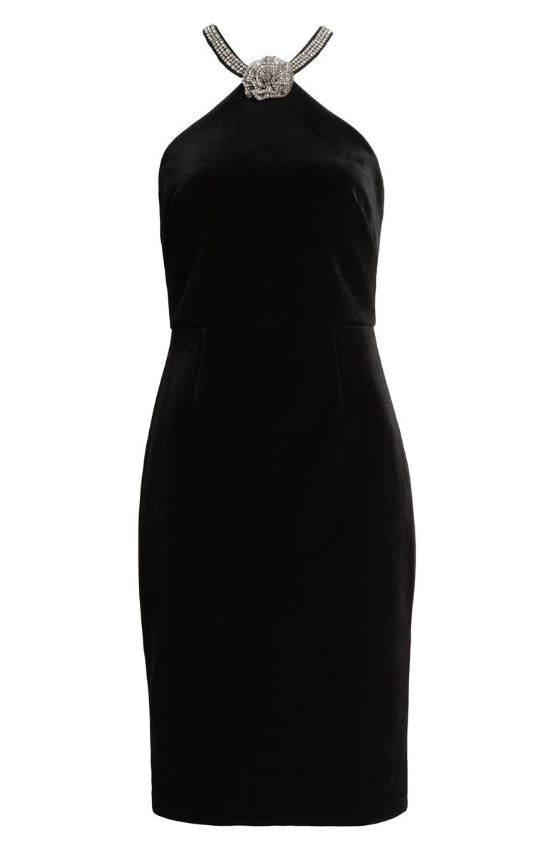 Eliza J Crystal Flower Halter Neck Velvet Cocktail Dress, Alternate, color, Black