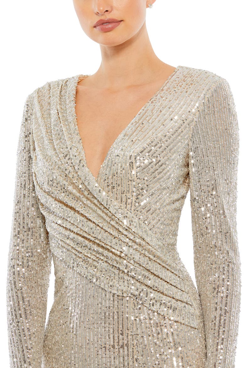 Sequined Long Sleeve Faux Wrap Ruched Gown, Alternate, color, NUDE