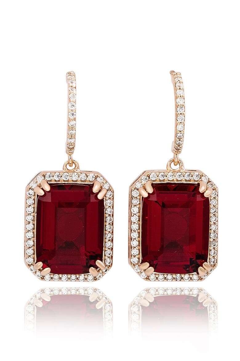 Rose Cubic Zirconia Drop Half Huggie Hoop Earrings, Main, color, RED