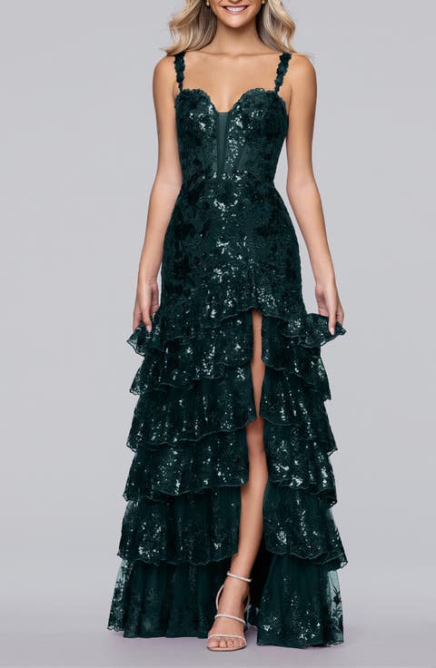 Sequin Embroidered Tiered Tulle Gown