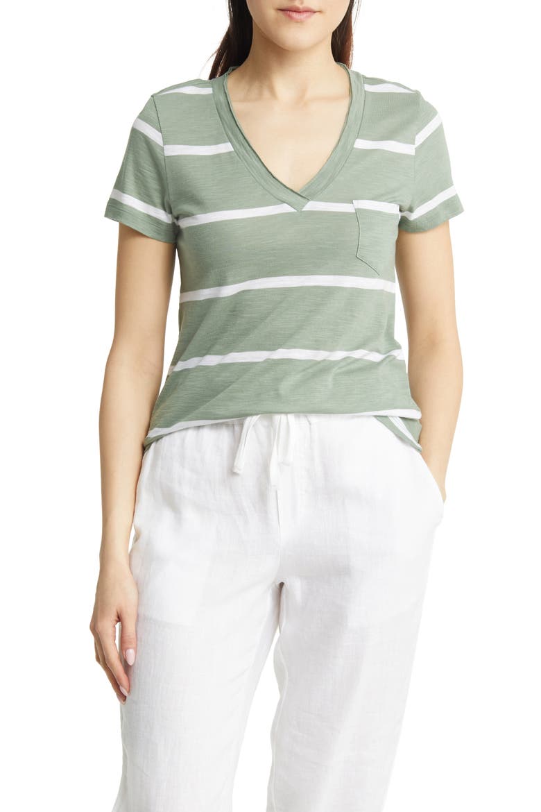 V-Neck Short Sleeve Pocket T-Shirt, Main, color, GREEN DUNE-WHITE JAN STRIPE