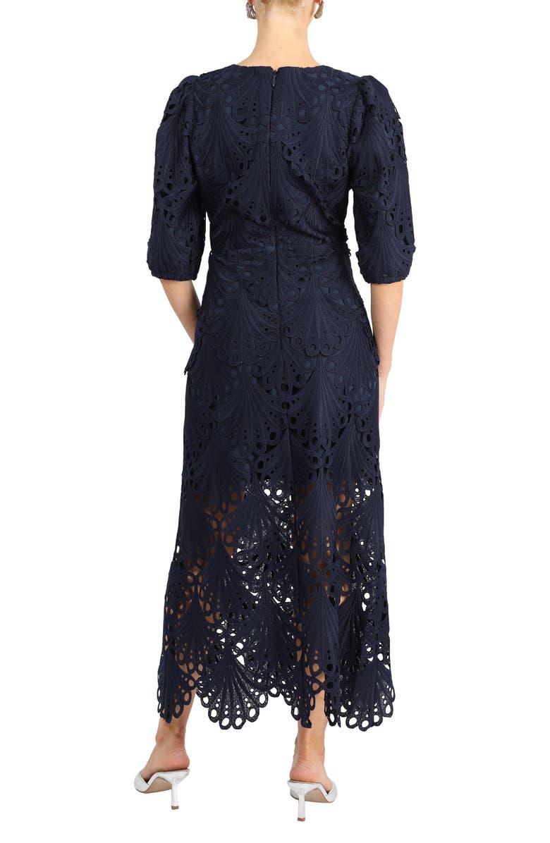 Adelyn Rae Kinsley Puff Sleeve Lace Midi Dress, Alternate, color, Navy