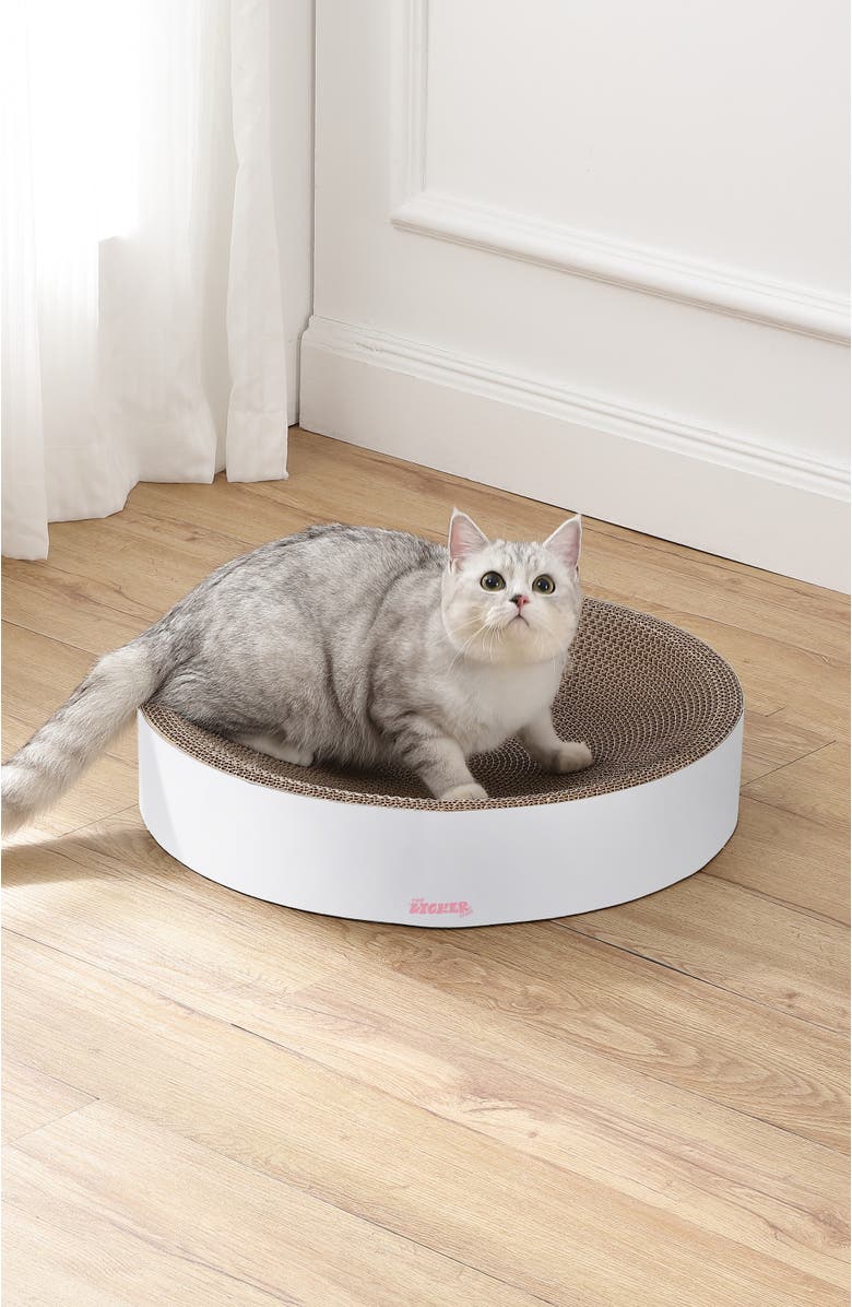 The Licker Store Nelson 20.13" Modern Cardboard Round Bowl Cat Scratcher with Catnip, Alternate, color, White