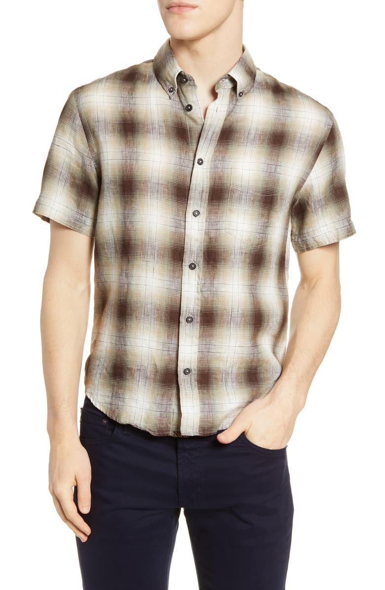 Billy Reid Kirby Slim Fit Check Short Sleeve Linen Button-Down Shirt, Main, color, 