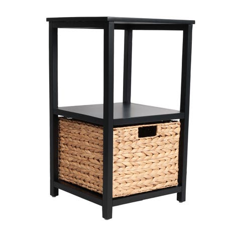 Cohen Coastal Bohemian Handcrafted Acacia Wood 2-Tier Storage Cabinet with 1 Water Hyacinth Woven Basket