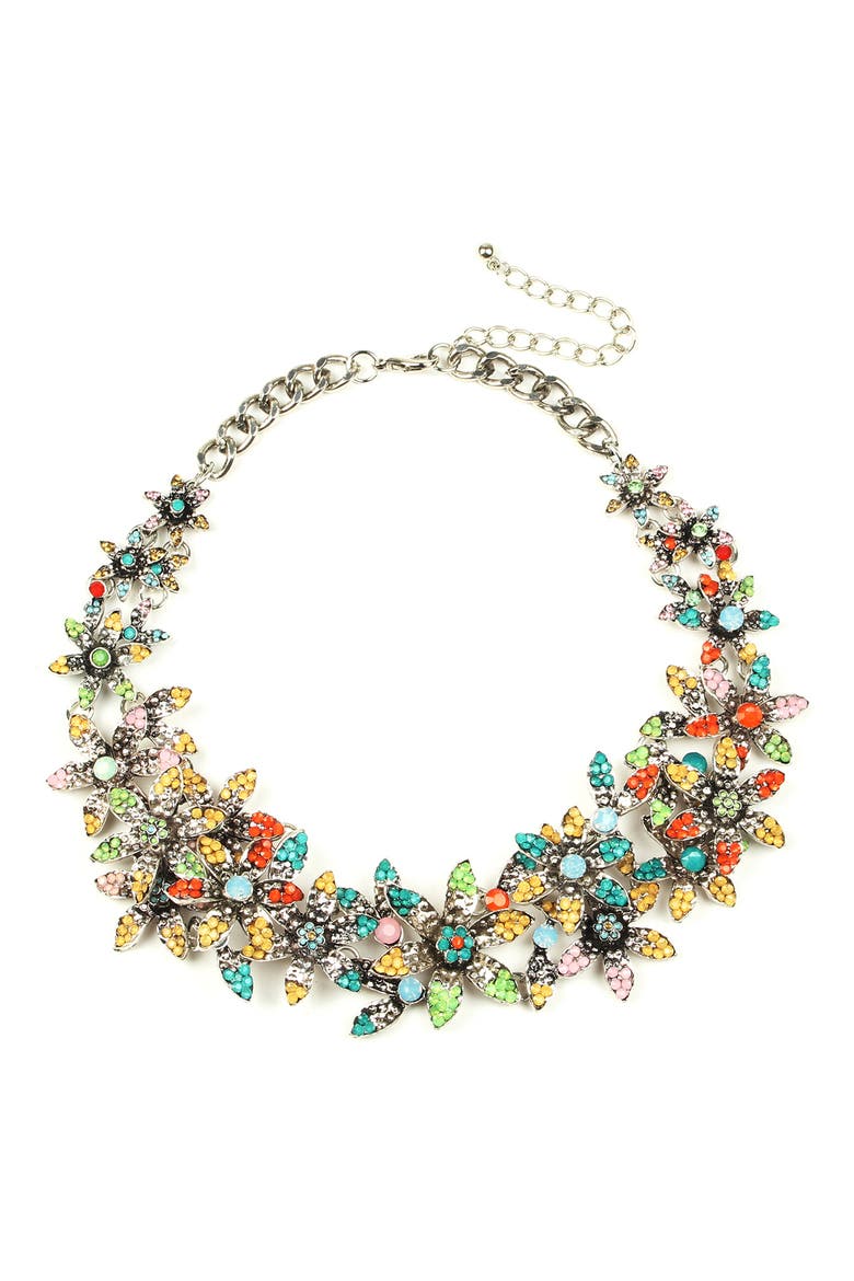 June Pave Crystal Flower Statement Necklace, Main, color, SILVER