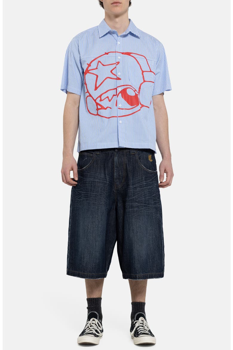 Poster Stripe Short Sleeve Graphic Button-Up Shirt, Alternate, color, BLUE