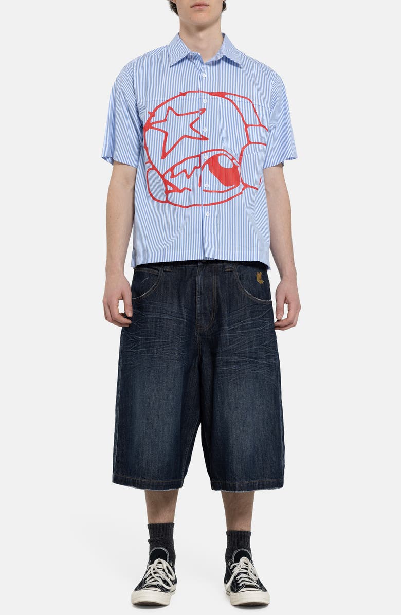 JADED LONDON Poster Stripe Short Sleeve Graphic Button-Up Shirt, Alternate, color, Blue