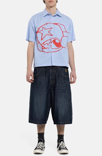 JADED LONDON Poster Stripe Short Sleeve Graphic Button-Up Shirt