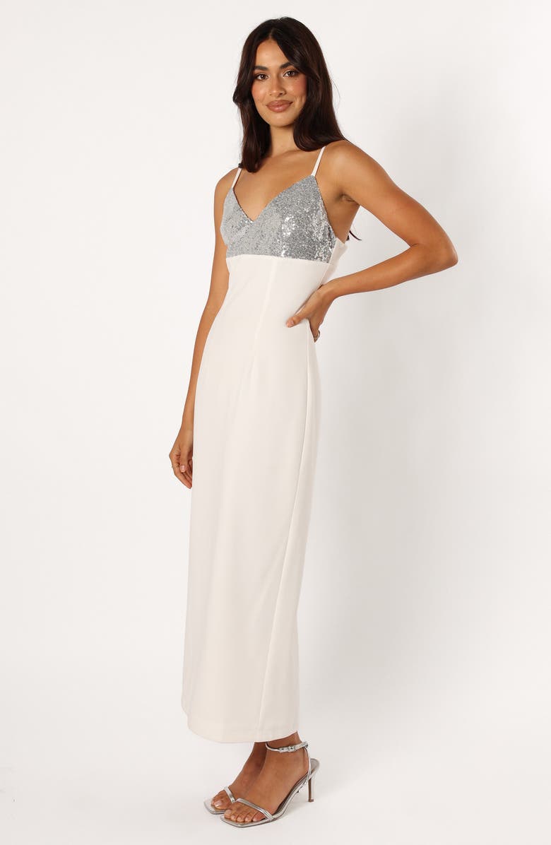 Petal & Pup Kylie Sequin Embellished Empire Waist Column Dress, Alternate, color, White Silver
