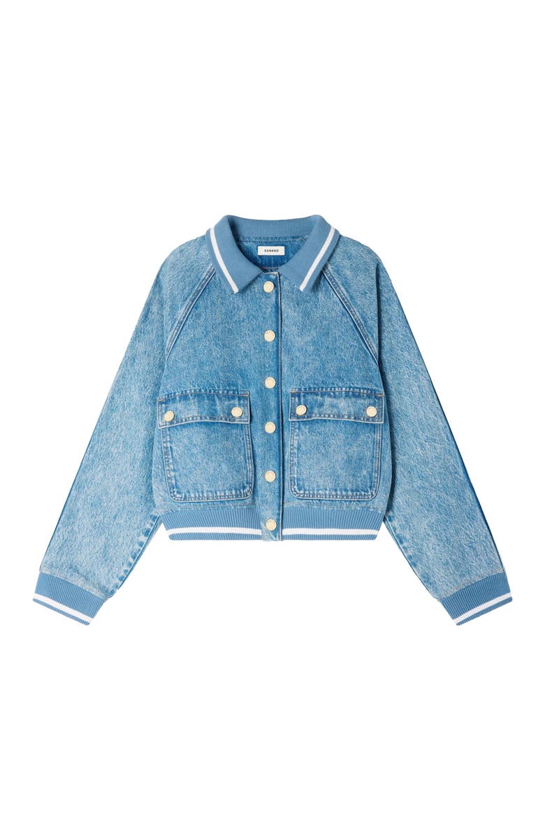 SANDRO Rib-trimmed denim jacket, Alternate, color, Blue Jean