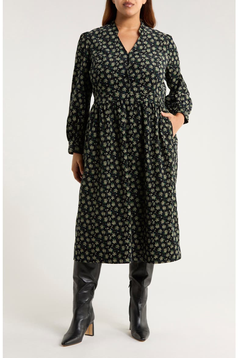 Rose Cottage Floral Long Sleeve Corduroy Midi Dress, Main, color, SMUDGE FLORAL ONYX