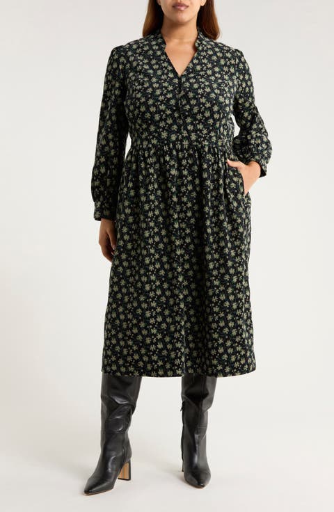 Rose Cottage Floral Long Sleeve Corduroy Midi Dress (Plus)
