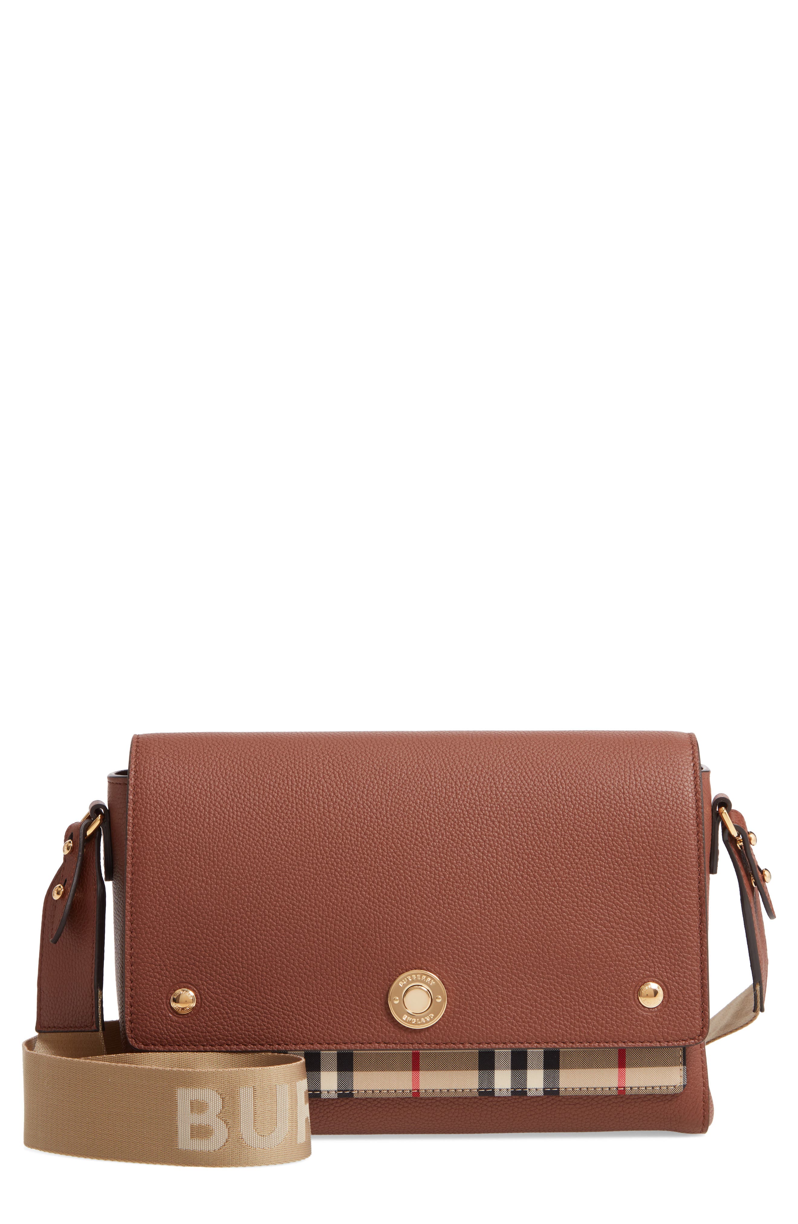 Note Leather & Vintage Check Crossbody Bag, Main, color, TAN