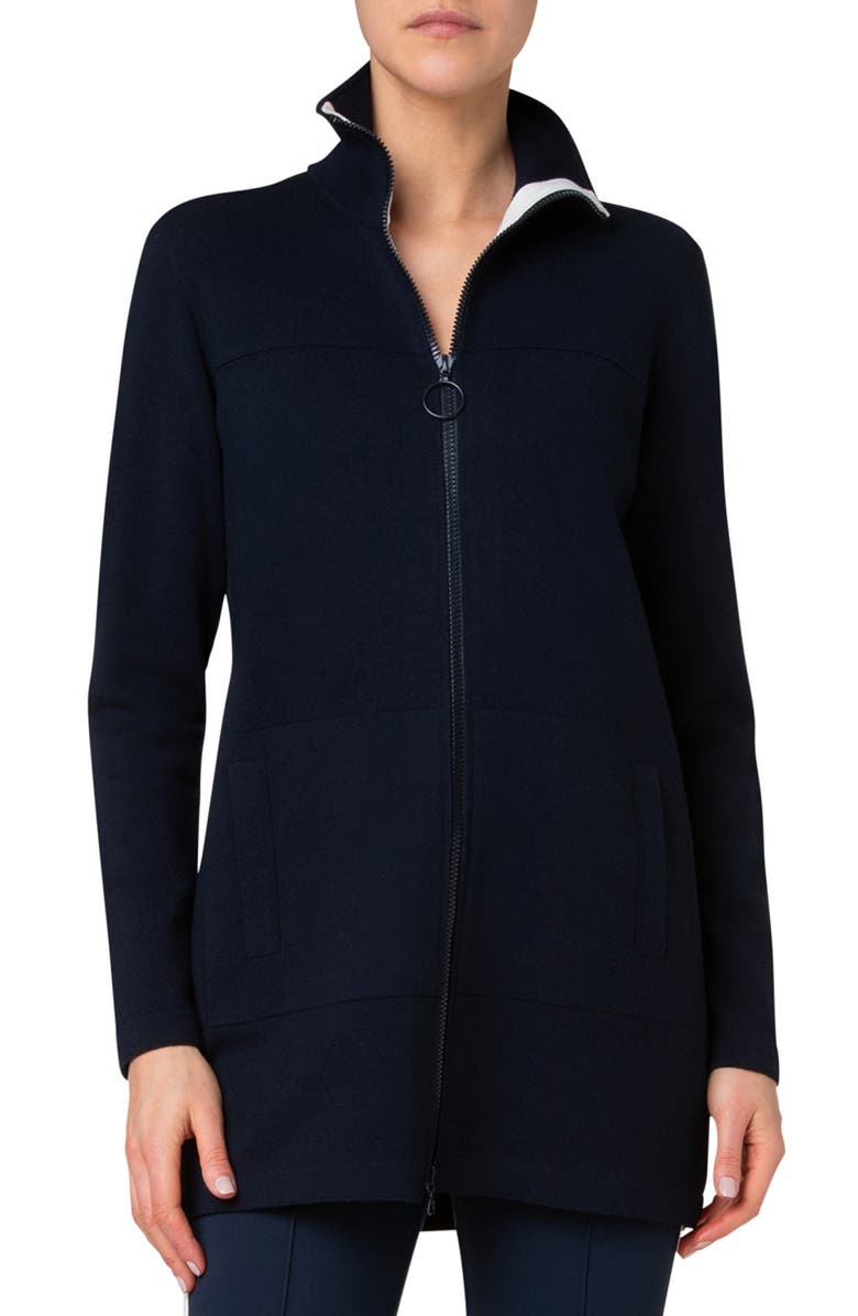 Akris punto Longline Zip Front Stretch Virgin Wool Cardigan, Main, color, 