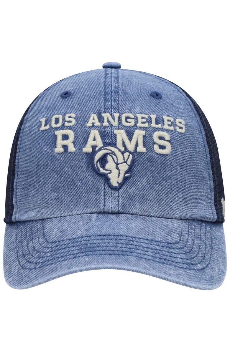 '47 Men's '47 Navy Los Angeles Rams Drumlin Trucker Clean Up Snapback Hat, Alternate, color, 