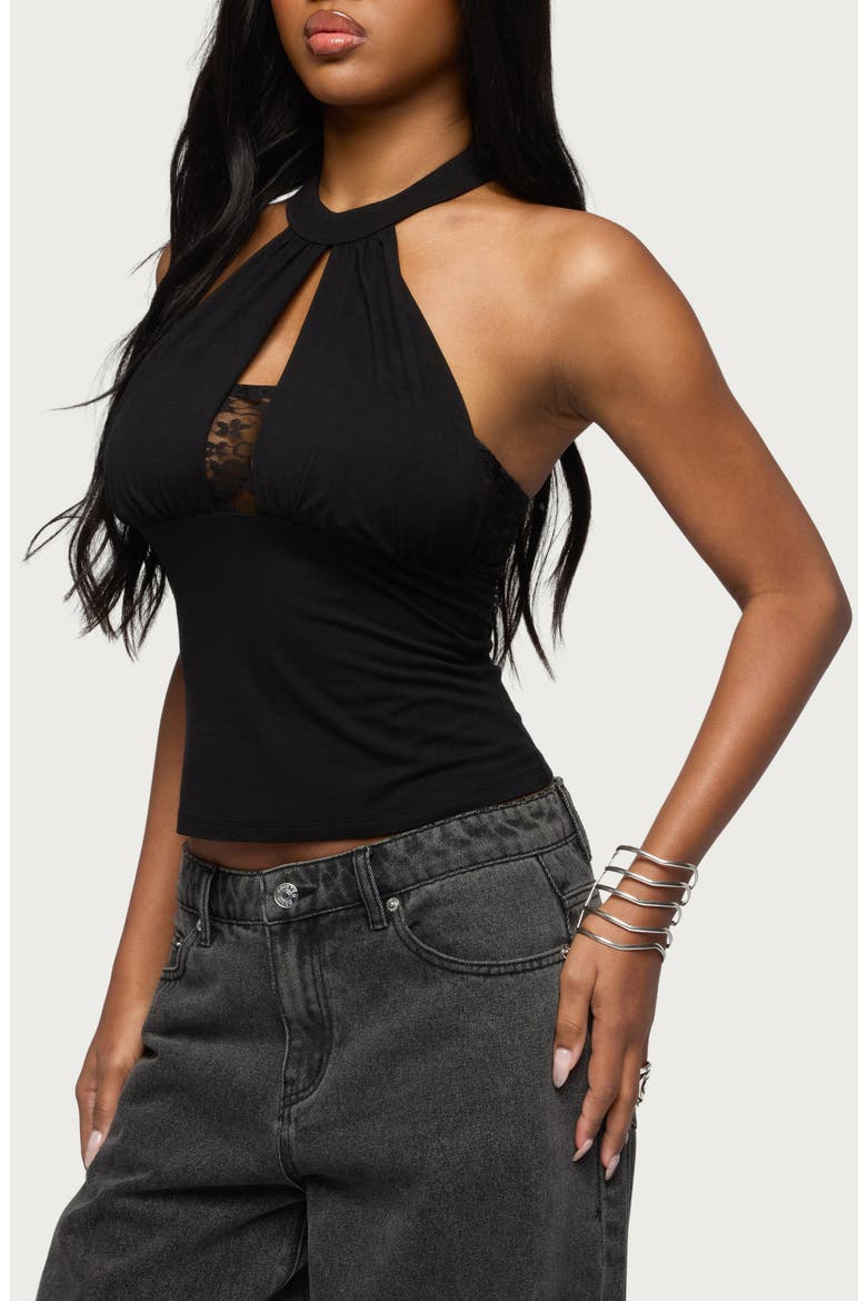 Lielle Lace Trim Halter Top, Alternate, color, BLACK