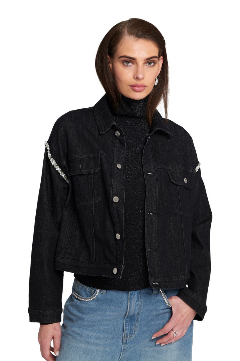 Rhinestone Trim Denim Jacket, Alternate, color, Black