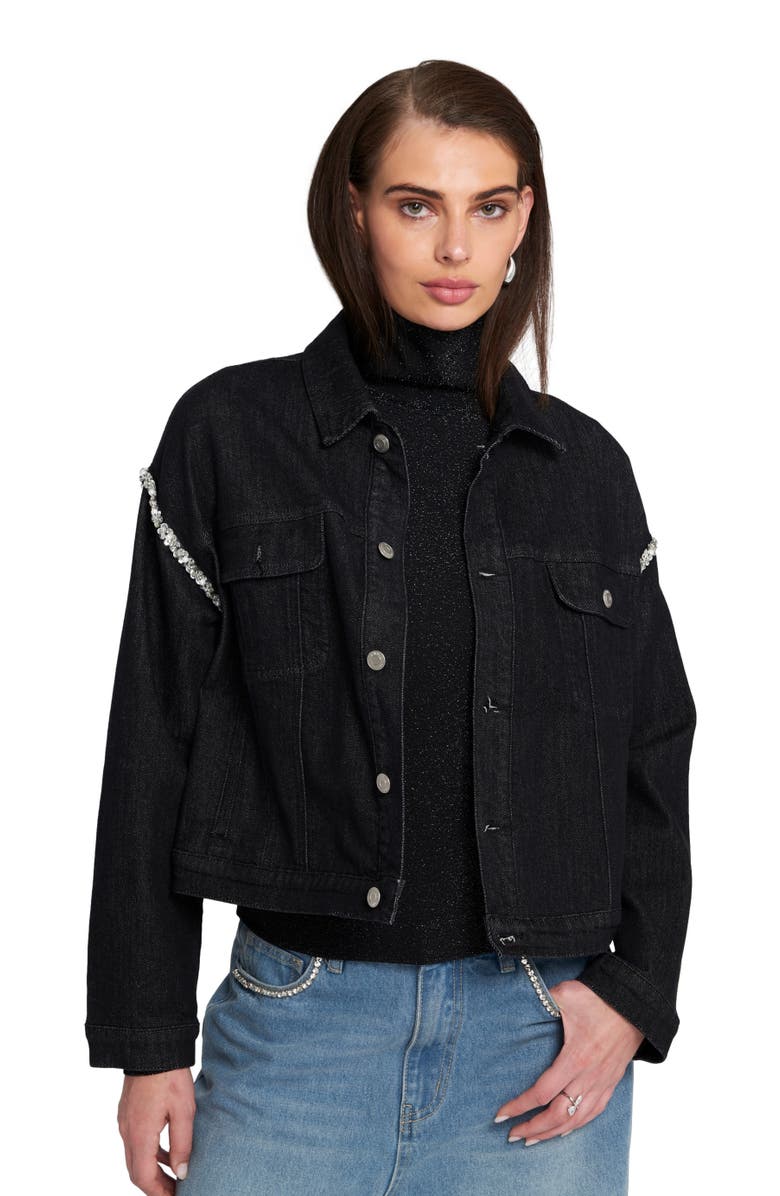 ELLE Collection Rhinestone Trim Denim Jacket, Alternate, color, Black