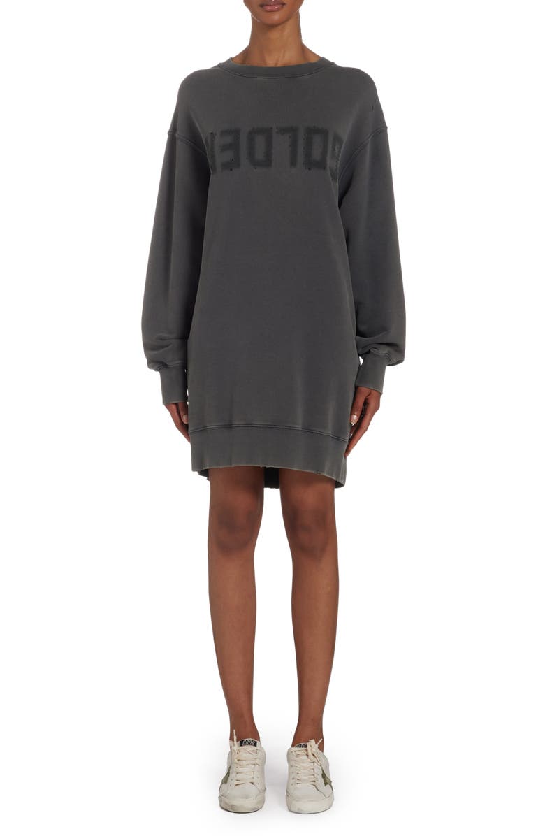 Golden Goose Upside Down Logo Long Sleeve Cotton Sweatshirt Dress, Alternate, color, Distressed Anthracite