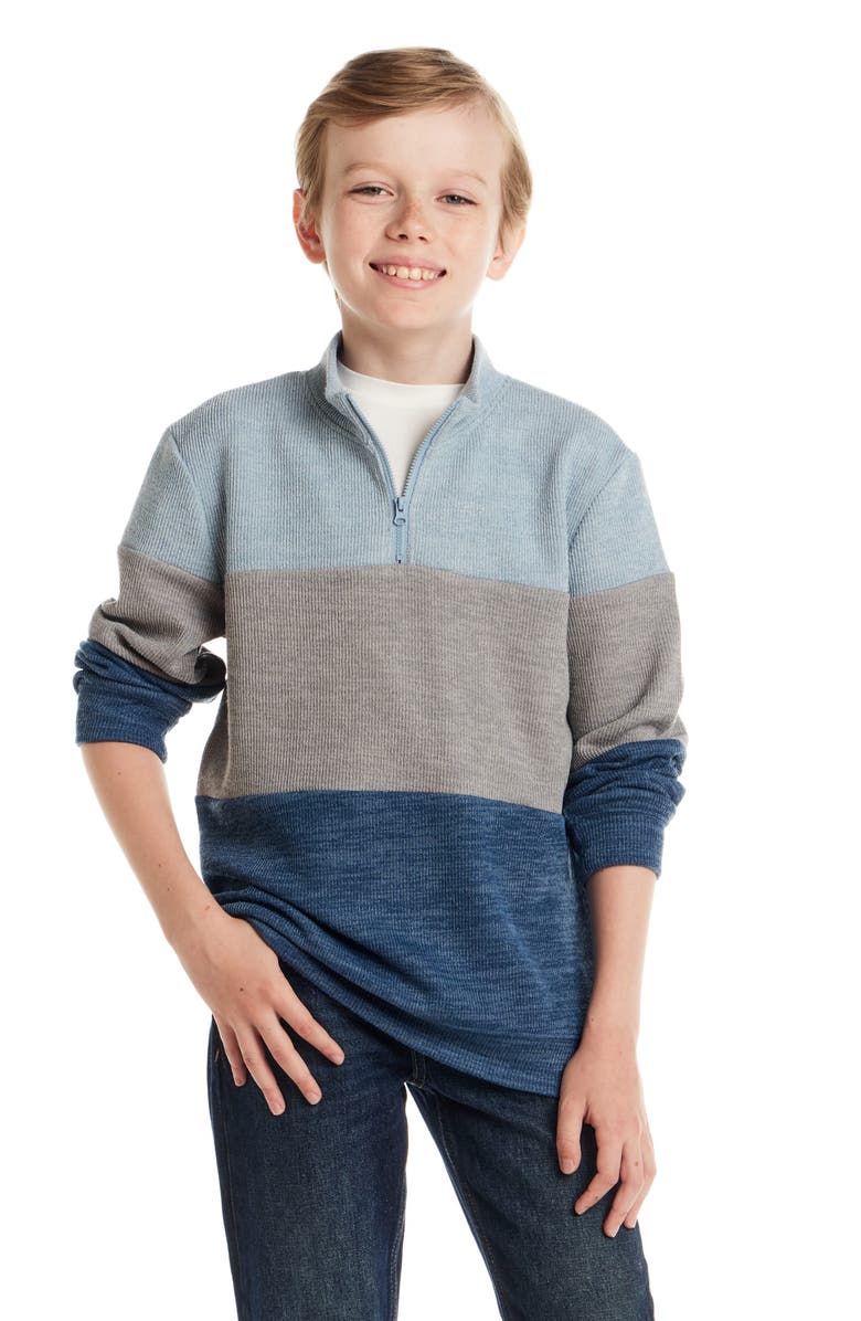 Andy & Evan Kids' Colorblock Quarter Zip Cotton Sweater, Alternate, color, Light Blue Stripe