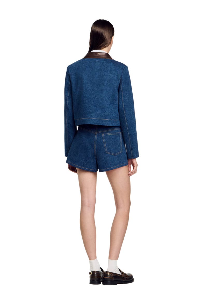 Denim jacket with leather collar, Alternate, color, Blue