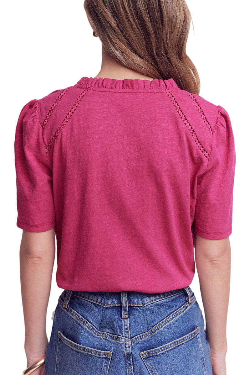 Boden Lace Trim Short Sleeve Cotton Button-Up Shirt, Alternate, color, Red Violet