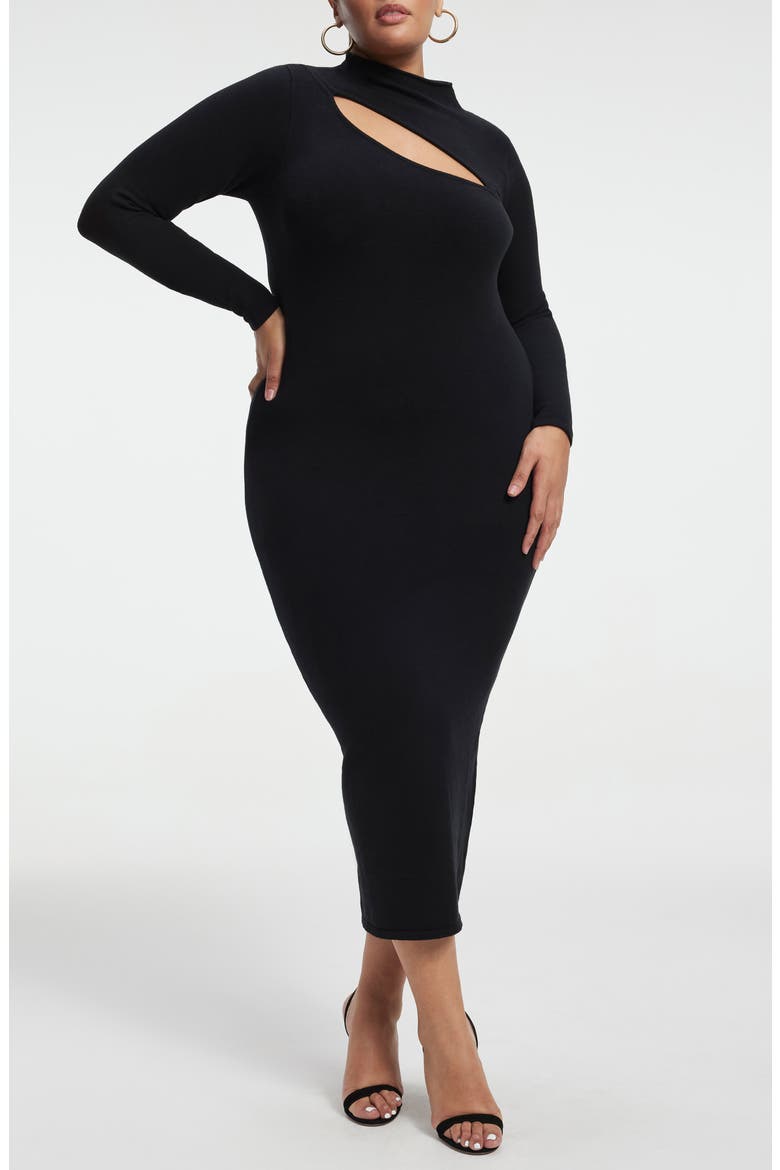 Slit Funnel Neck Long Sleeve Midi Dress, Alternate, color, BLACK001