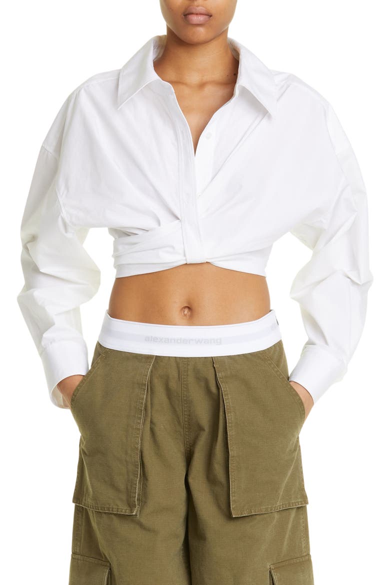Placket Detail Crop Button-Up Shirt, Main, color, BRIGHT WHITE