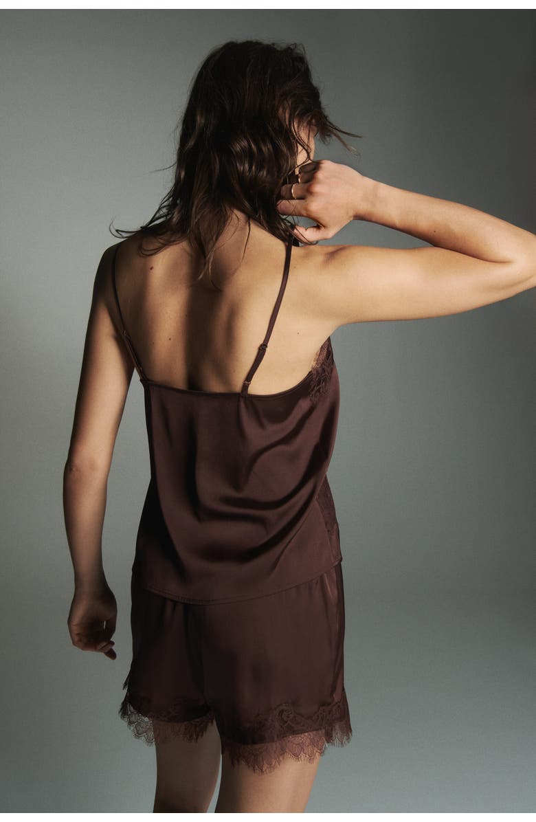 H&M Lace-trimmed Satin Pyjamas, Alternate, color, Dark Brown