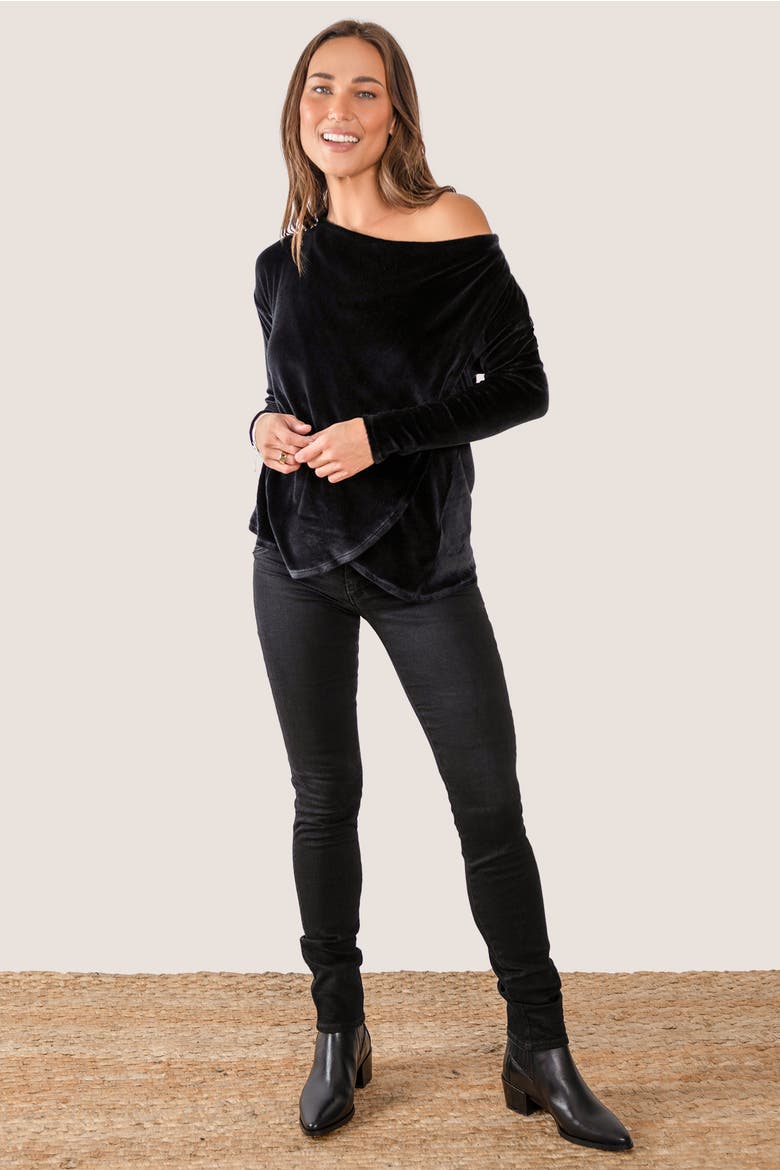 Sweater Weather Built-In Shelf Off-The-Shoulder Velour Long Sleeve Top, Alternate, color, Black