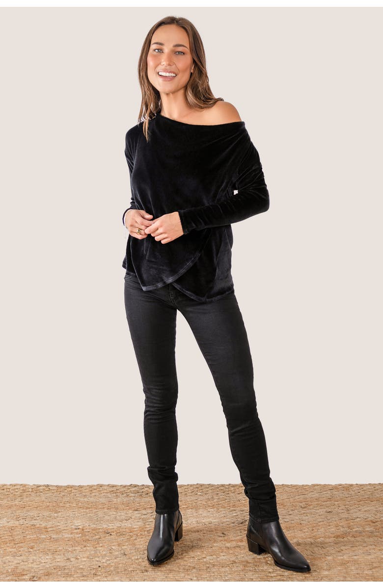 JJwinks Sweater Weather Built-In Shelf Off-The-Shoulder Velour Long Sleeve Top, Alternate, color, Black