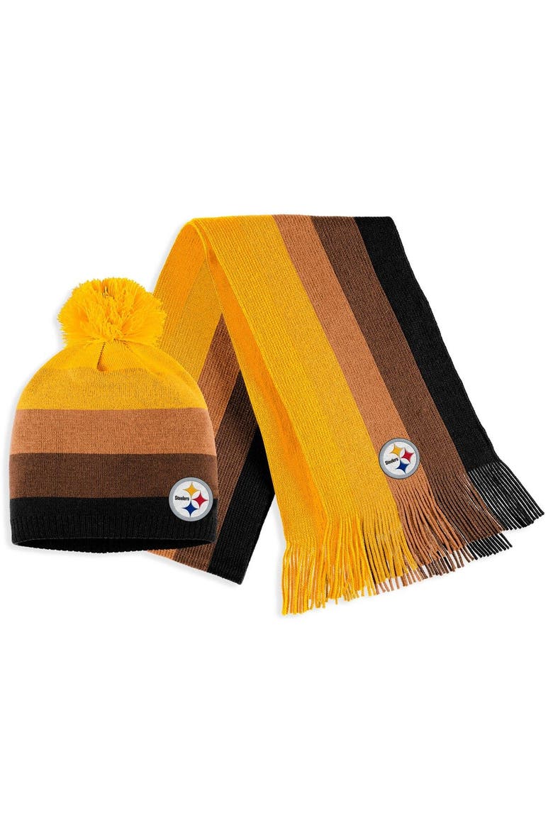 Women's WEAR by Erin Andrews Gold Pittsburgh Steelers Ombre Pom Knit Hat and Scarf Set, Main, color, Gold