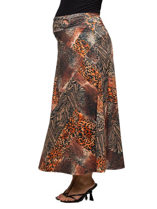 24seven Comfort Apparel Animal Patchwork Print Maxi Skirt In Brown