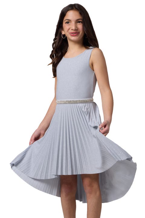 Glitter Pleated High Low Dress with Belt (Big Kid)