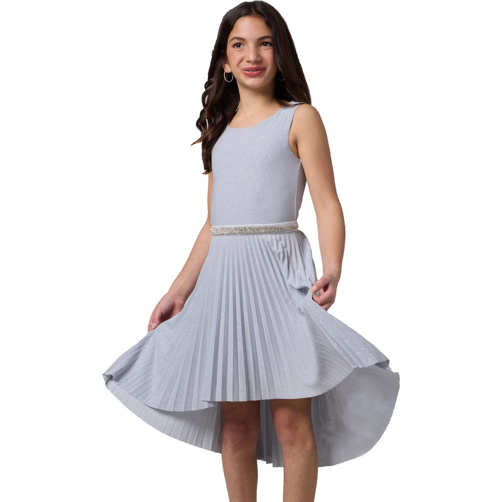 Un Deux Trois Glitter Pleated High Low Dress With Belt In Blue