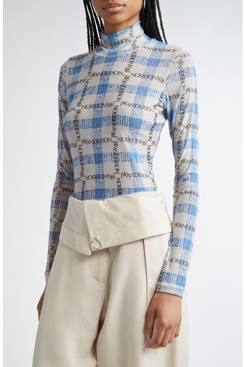 Plaid Underpinning Long Sleeve Mesh Top, Alternate, color, BLUE