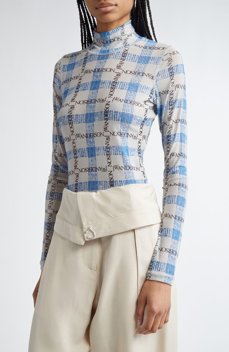JW Anderson Plaid Underpinning Long Sleeve Mesh Top, Alternate, color,