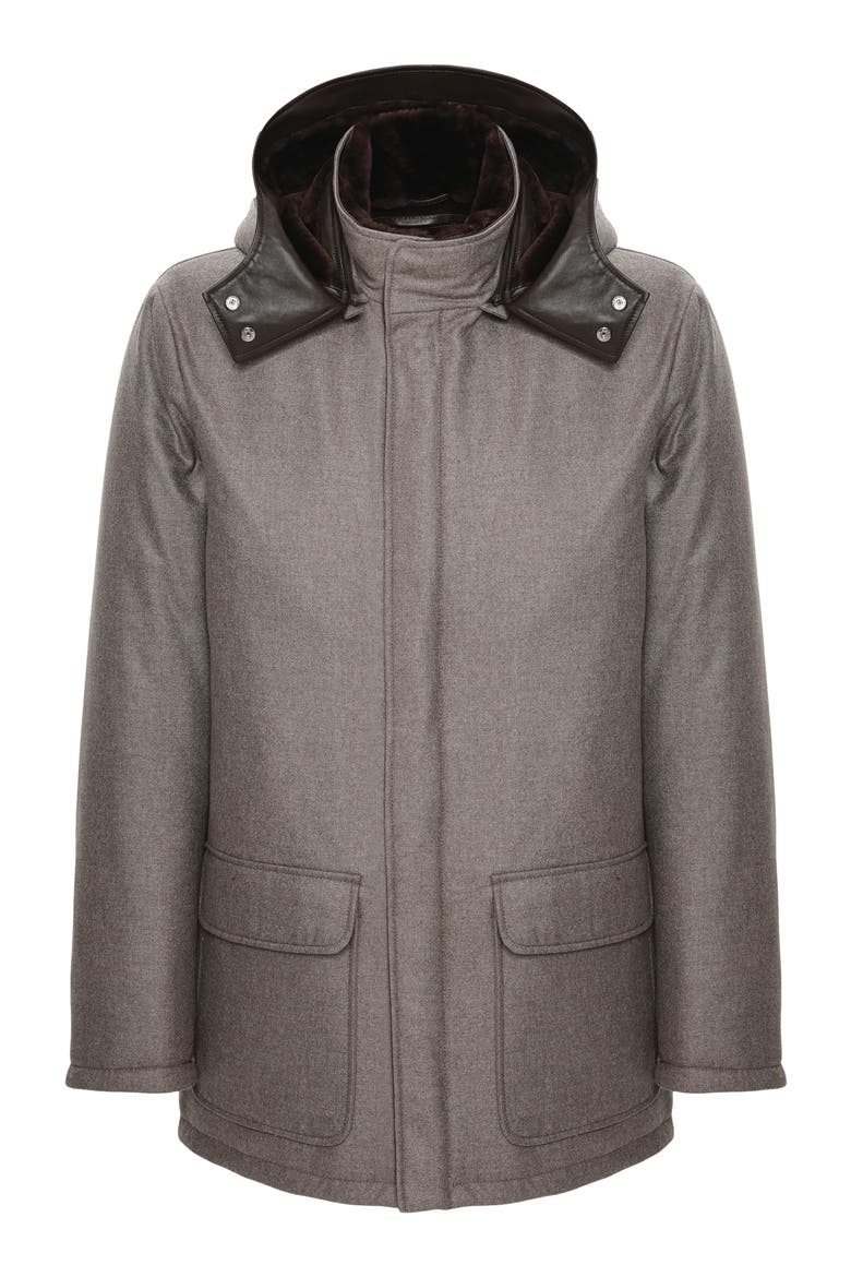 Mens Wool And Cashmere Blend Parka with Genuine Shearling Lining, Alternate, color, TAUPE/BROWN