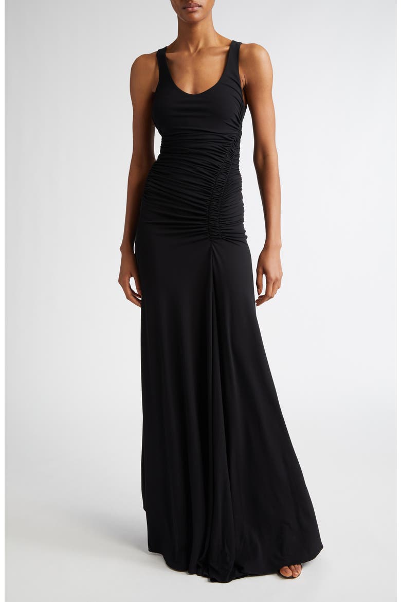 Ruched Jersey Sleeveless Gown, Main, color, BLACK