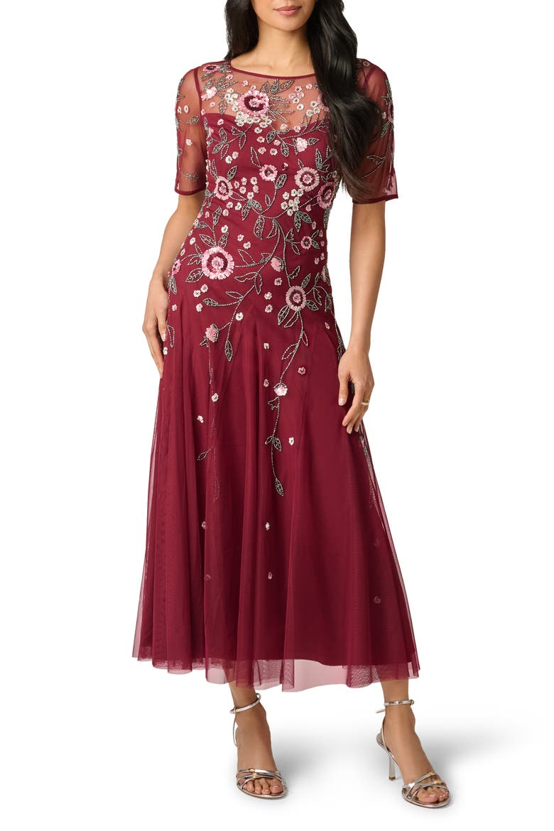 Beaded Flutter Sleeve Mesh Cocktail Dress, Main, color, MAHOGANY