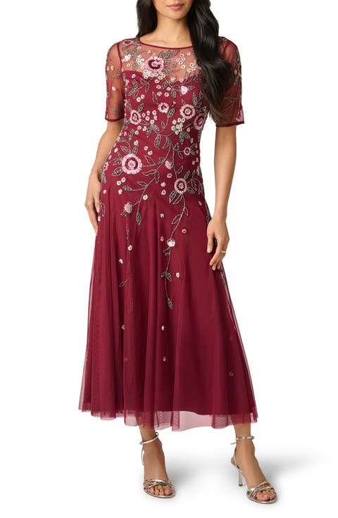 Beaded Flutter Sleeve Mesh Cocktail Dress