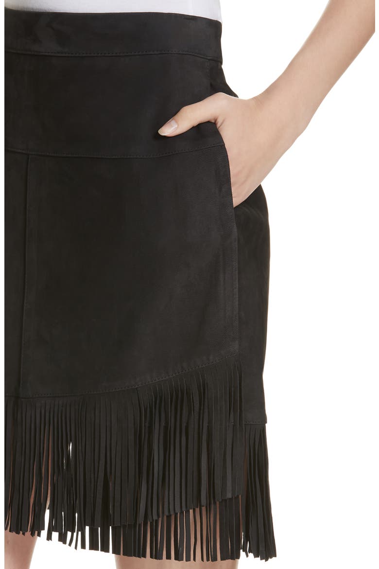 Fringe Hem Leather Skirt, Alternate, color, NOIR