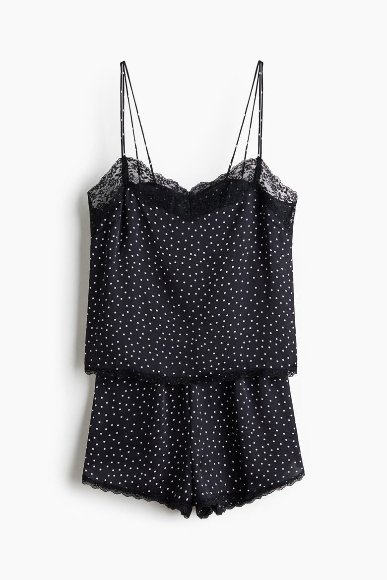 Lace-trimmed Satin Pyjamas, Alternate, color, Black/polka dot