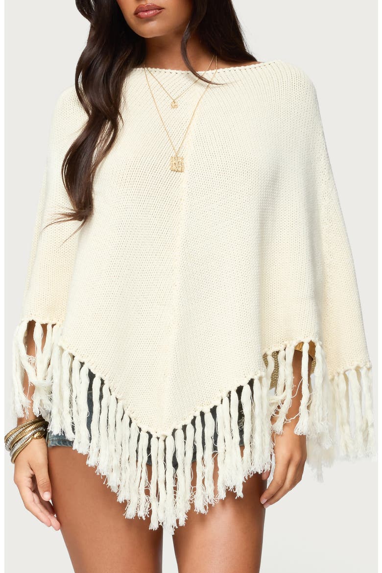 Kamila Fringe Trim Cotton Poncho, Main, color, CREAM