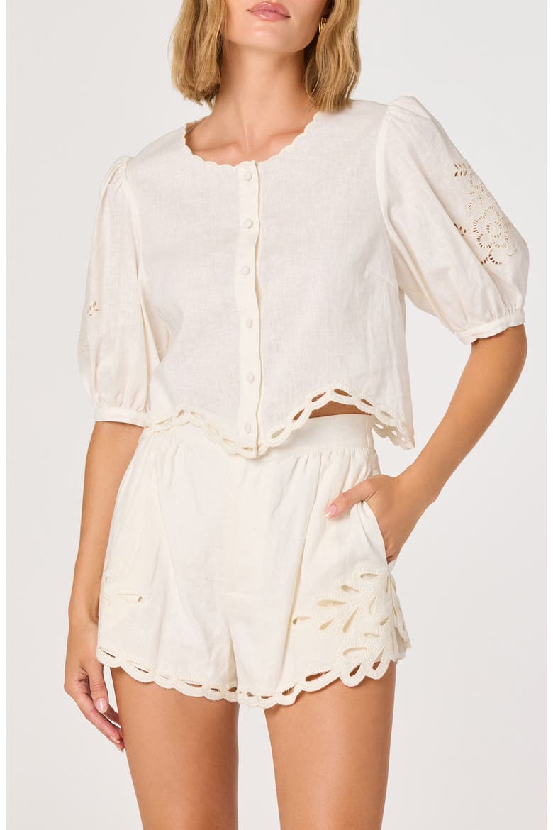Joellyn Embroidered Linen & Cotton Top, Main, color, WHITE