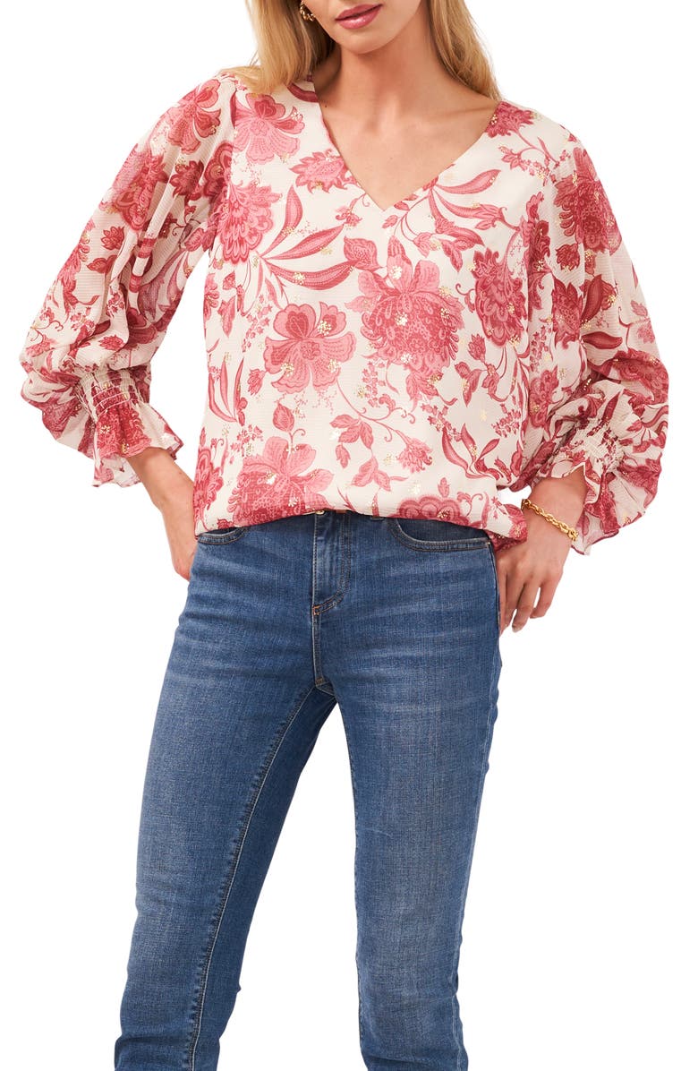 Vince Camuto Gemma Floral Print Bell Sleeve Top, Alternate, color, Light Birch