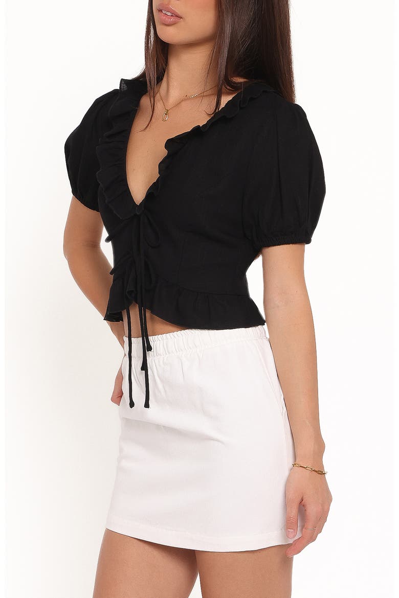 Andra Tie Front Puff Sleeve Crop Top, Alternate, color, BLACK